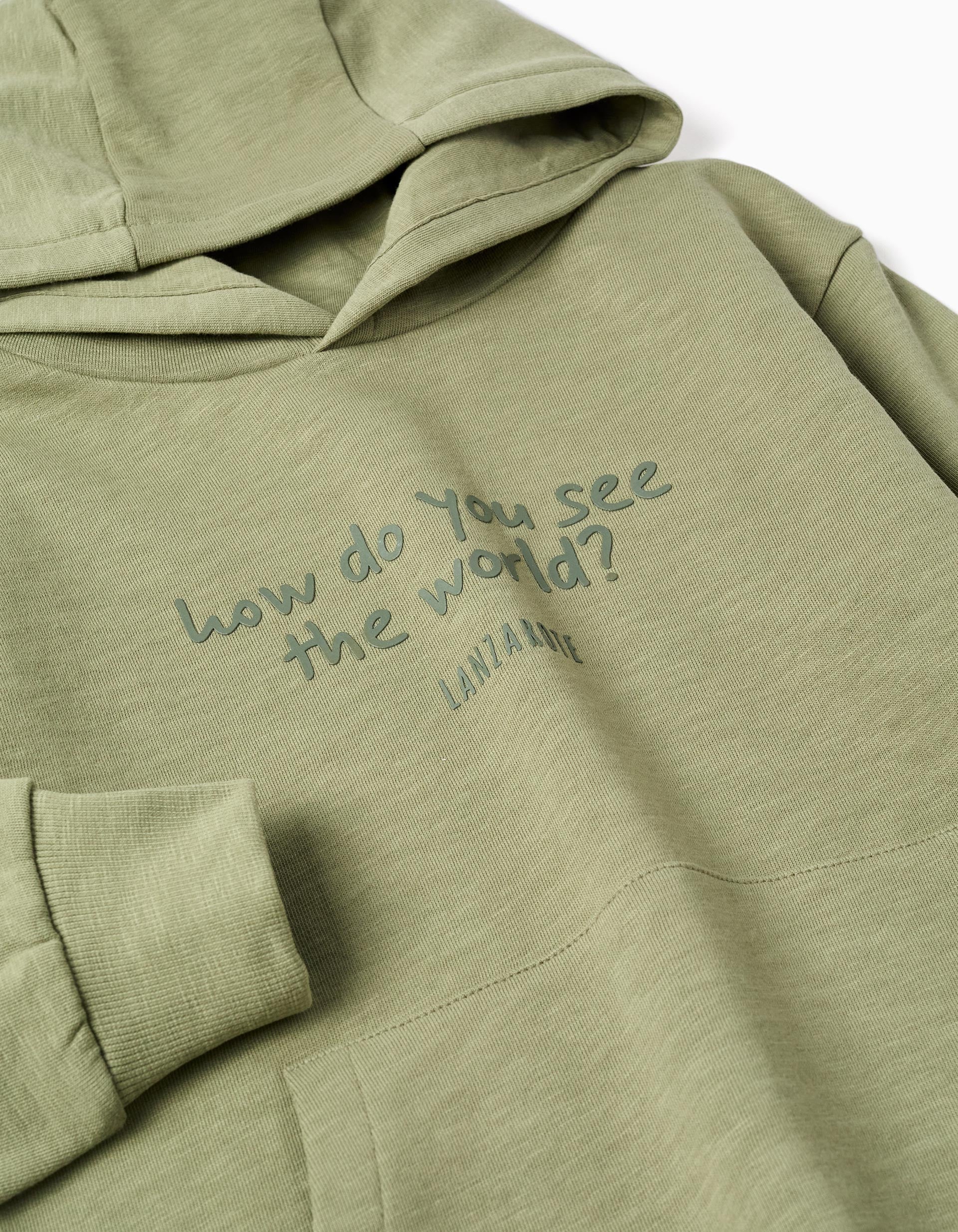 Sweat en coton à capuche et imprimé Lanzarote pour garçon, vert kaki