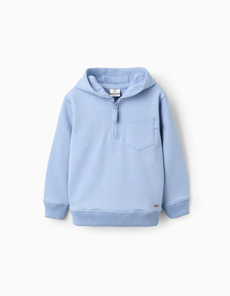 Sweat en coton à col zippé et capuche pour garçon, bleu clair