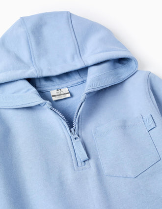 Sweat en coton à col zippé et capuche pour garçon, bleu clair