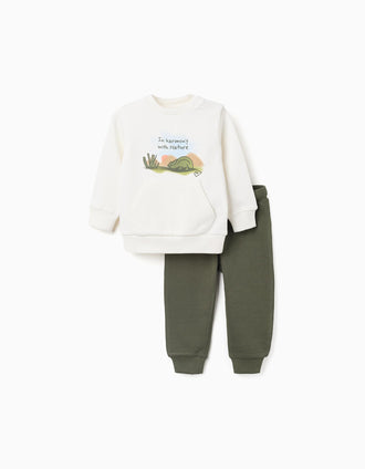 Sweat + joggers de algodão para bebé menino, branco/verde-escuro