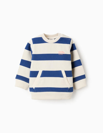 Sweat às riscas com bolso canguru para bebé menino, azul/branco