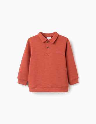 Sweat de algodão com gola polo e estampado para menino, laranja