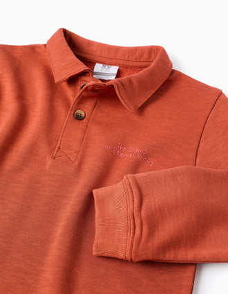 Sweat de algodão com gola polo e estampado para menino, laranja