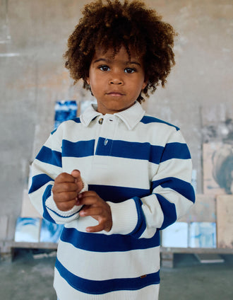Sweat en coton à rayures et col polo pour garçon, blanc/bleu