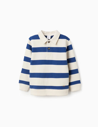 Sweat en coton à rayures et col polo pour garçon, blanc/bleu