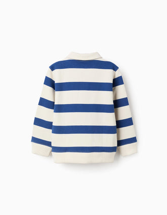 Sweat en coton à rayures et col polo pour garçon, blanc/bleu