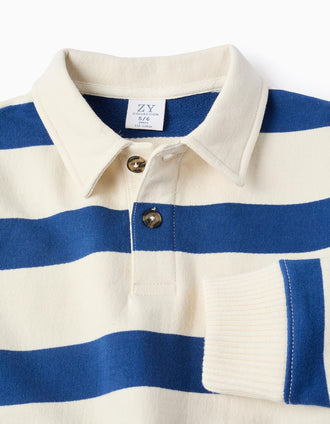 Sweat en coton à rayures et col polo pour garçon, blanc/bleu