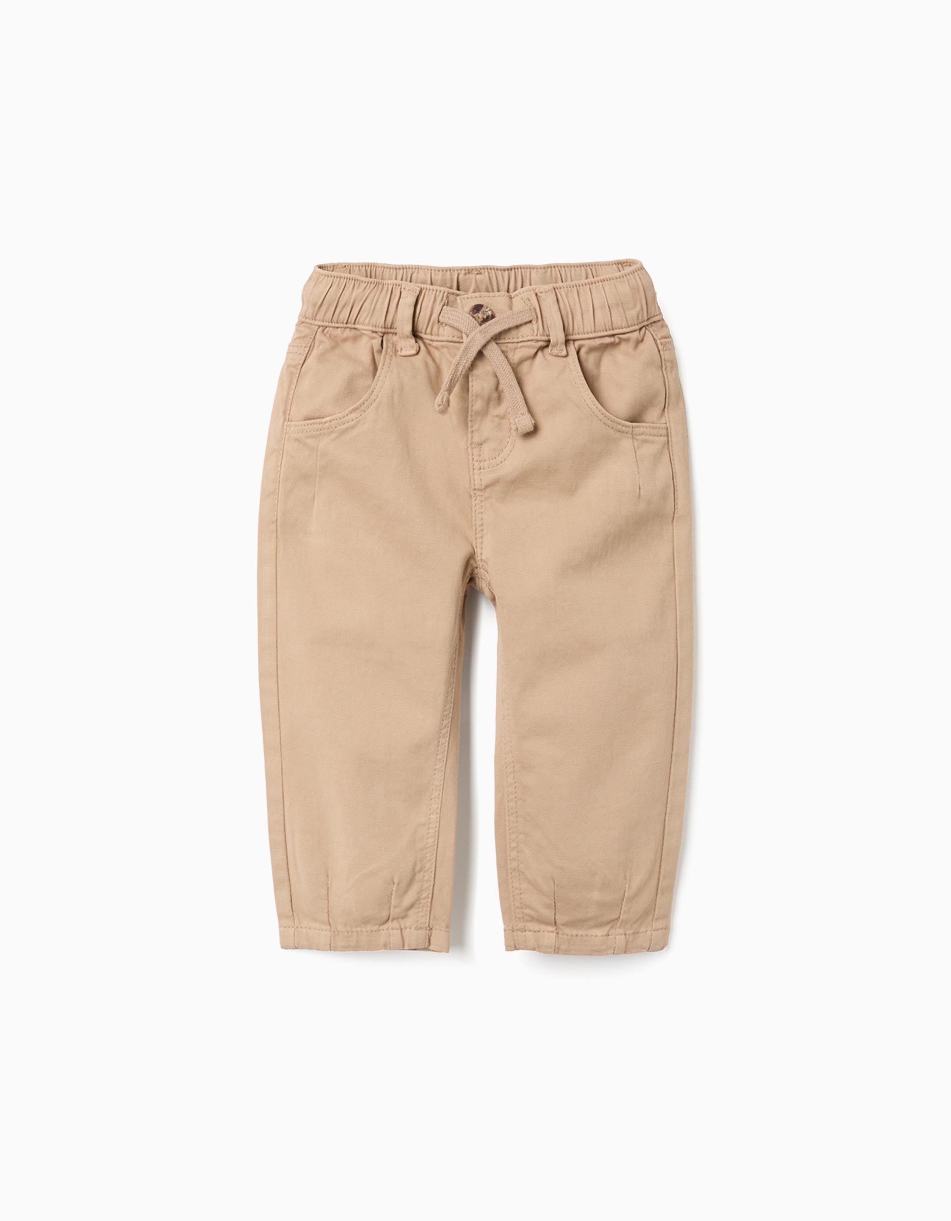 Baggy twill trousers with drawstring for baby boys, beige