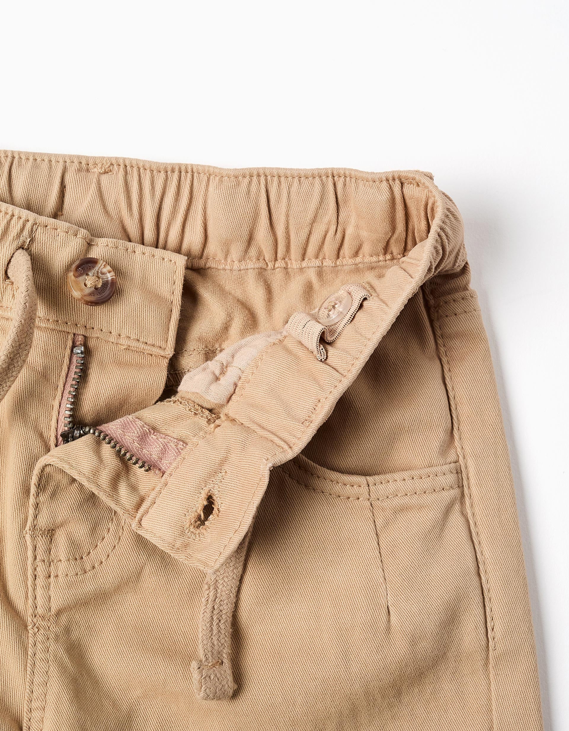 Baggy twill trousers with drawstring for baby boys, beige