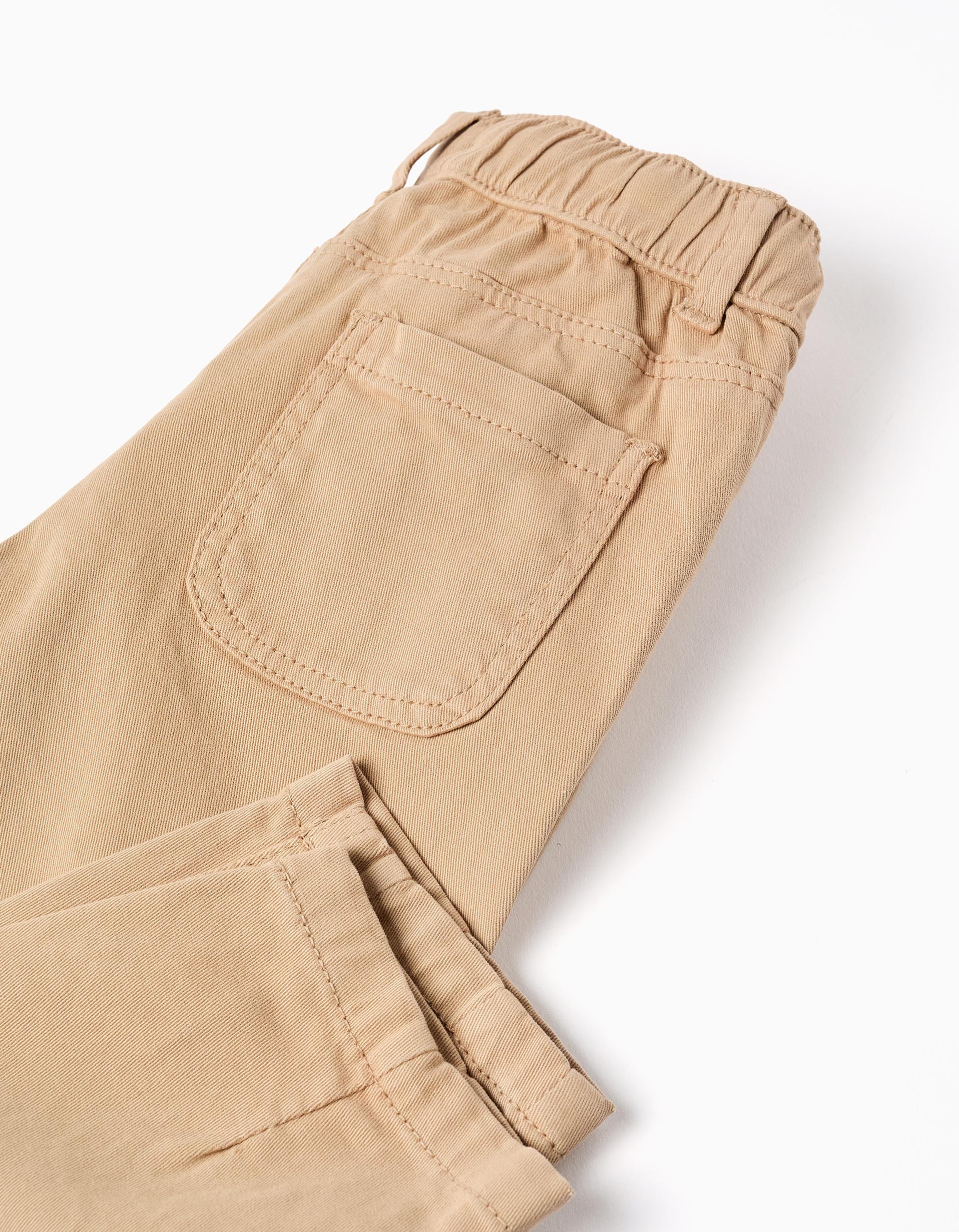Baggy twill trousers with drawstring for baby boys, beige