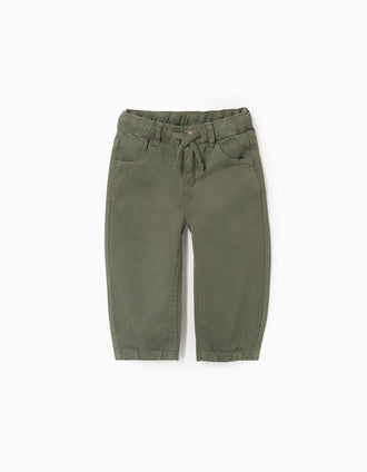 Baggy twill trousers with drawstring for baby boys, dark green