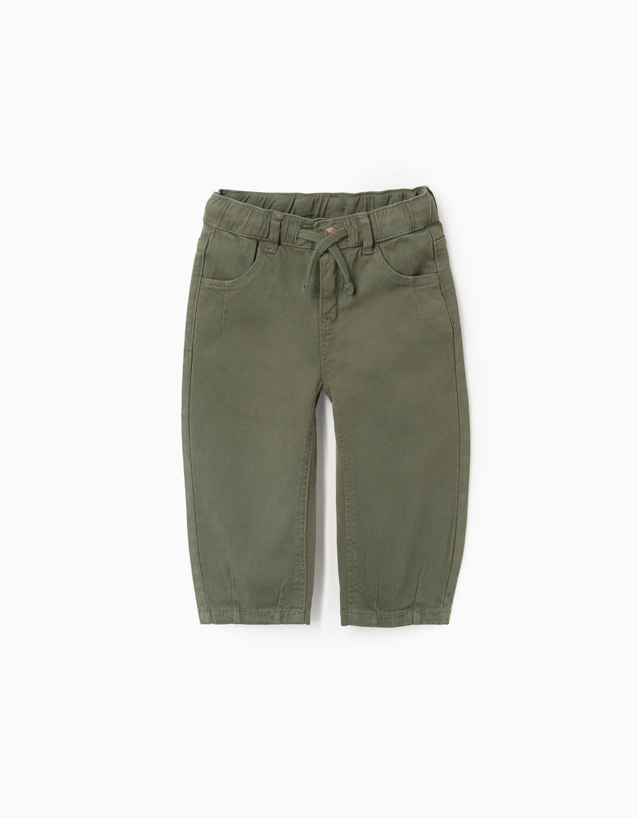 Baggy twill trousers with drawstring for baby boys, dark green