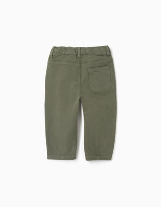 Baggy twill trousers with drawstring for baby boys, dark green