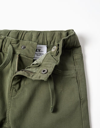 Baggy twill trousers with drawstring for baby boys, dark green