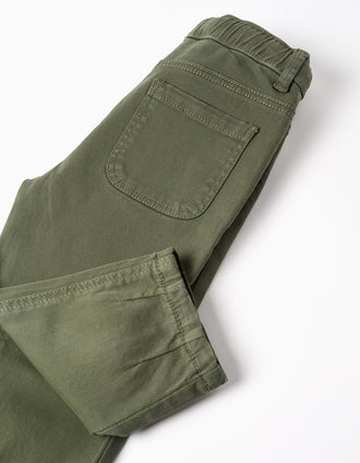 Baggy twill trousers with drawstring for baby boys, dark green