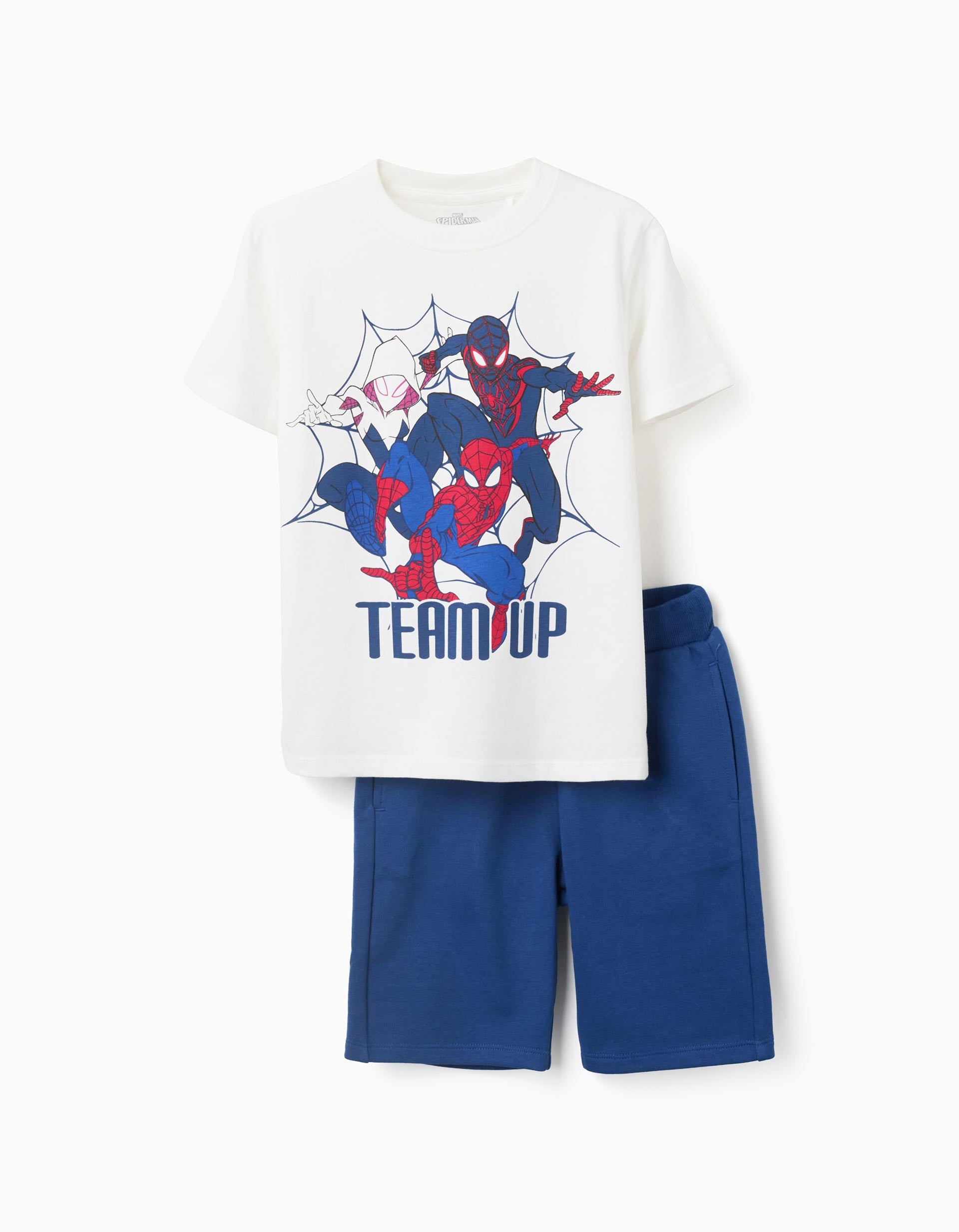 T-shirt e calções com estampado Spider-Man para menino, branco/azul