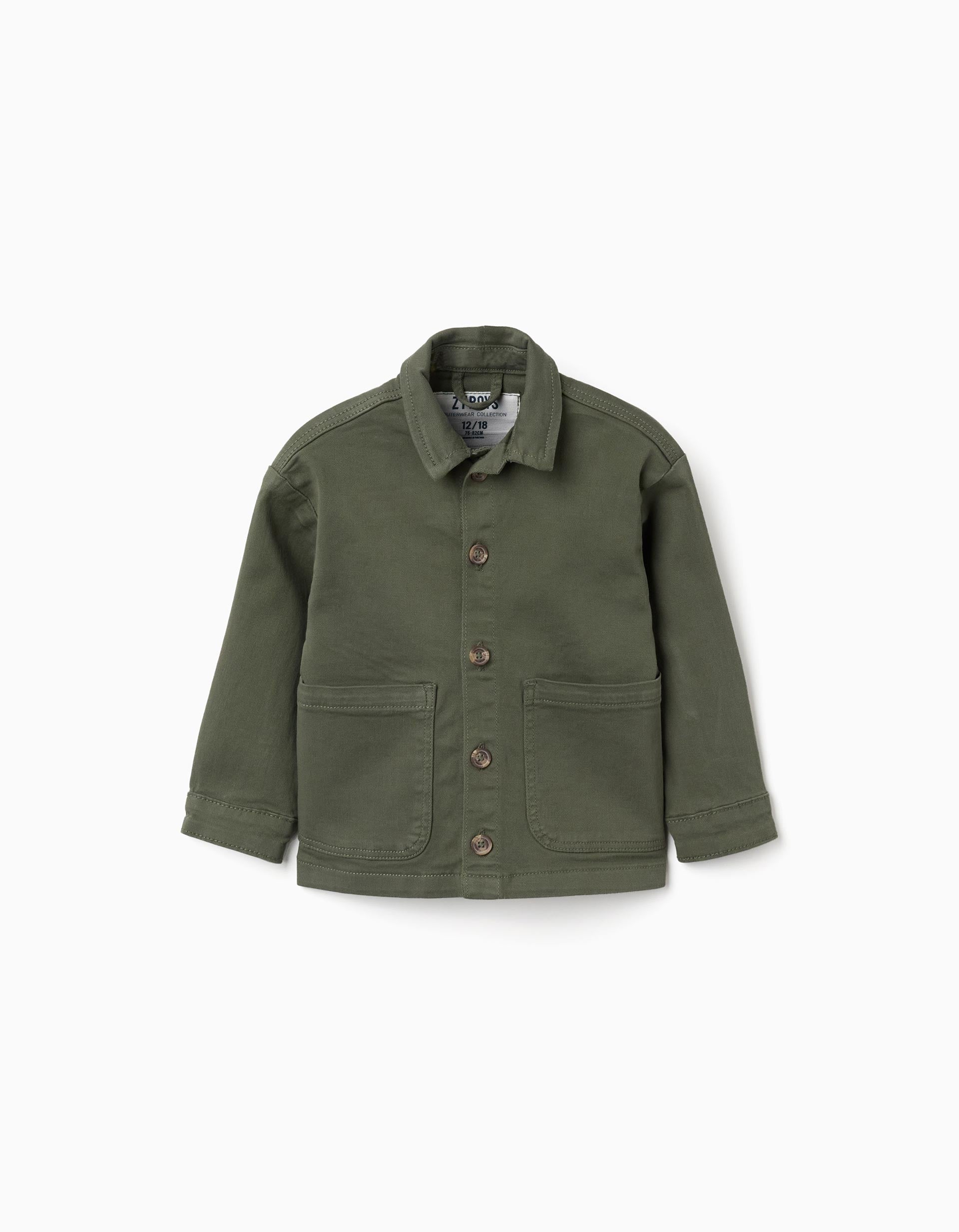 Twill overshirt with front pockets for baby boys, khaki green