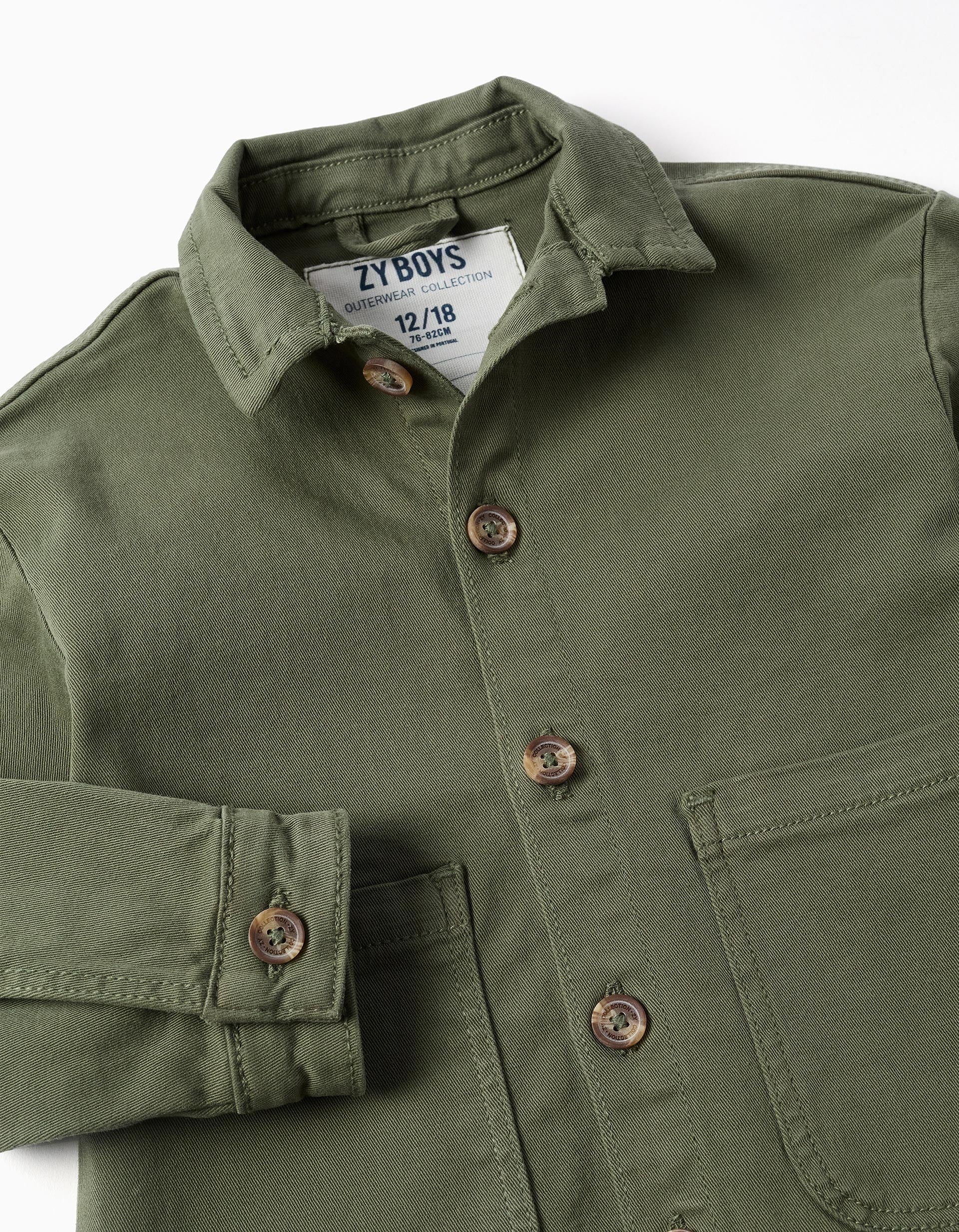 Twill overshirt with front pockets for baby boys, khaki green