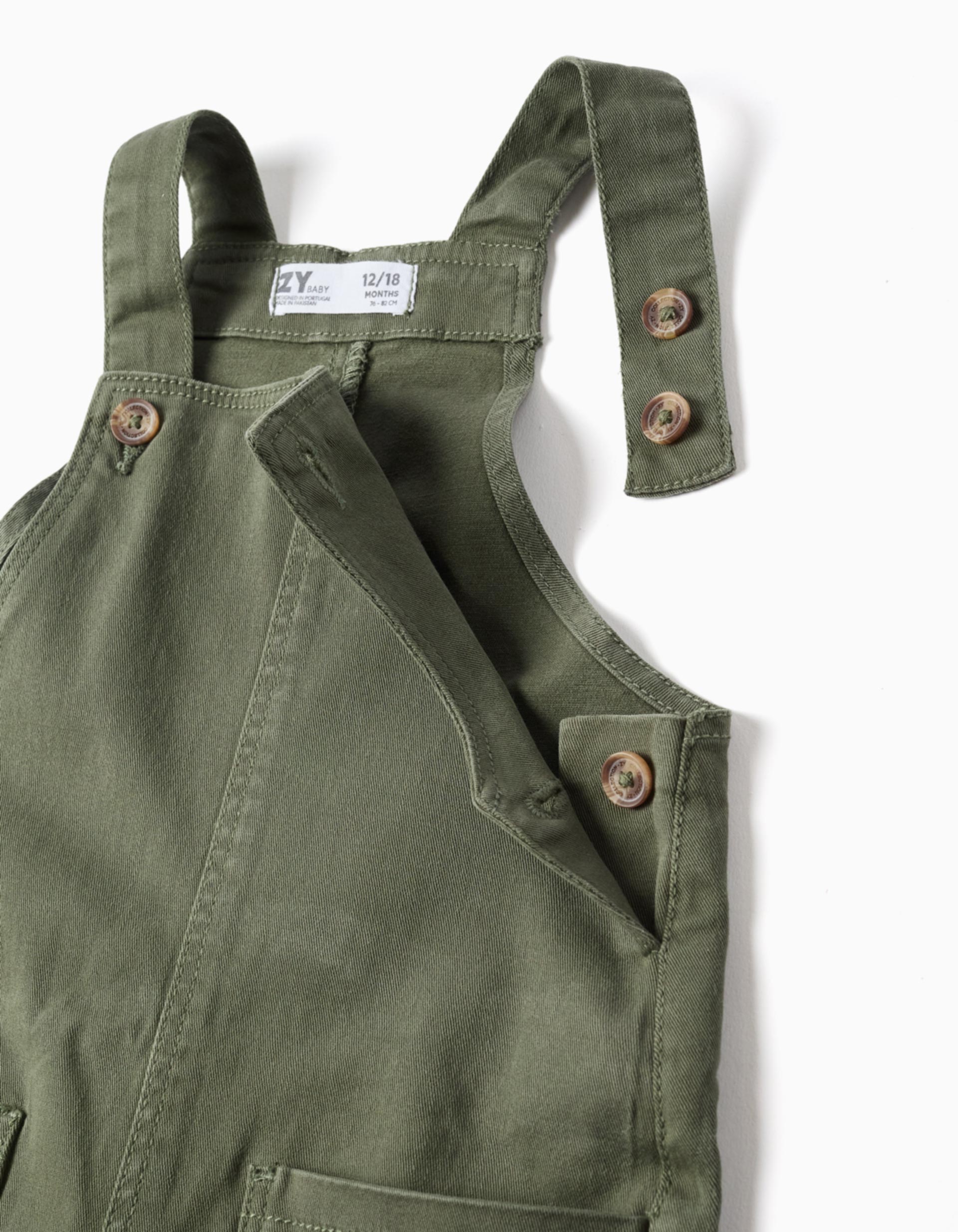 Peto de sarga con bolsillos cargo para bebé niño, verde oscuro