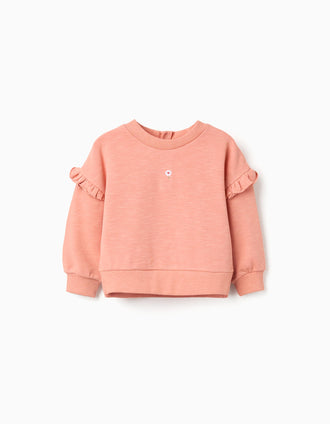 Sweat de algodão com folhos e bordado para bebé menina, laranja-salmão