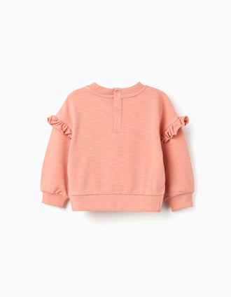 Sweat de algodão com folhos e bordado para bebé menina, laranja-salmão