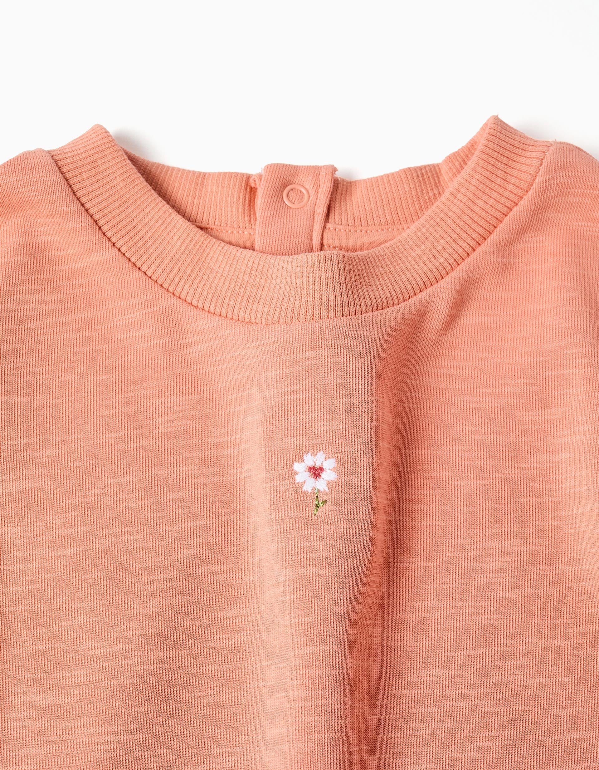 Sweat de algodão com folhos e bordado para bebé menina, laranja-salmão