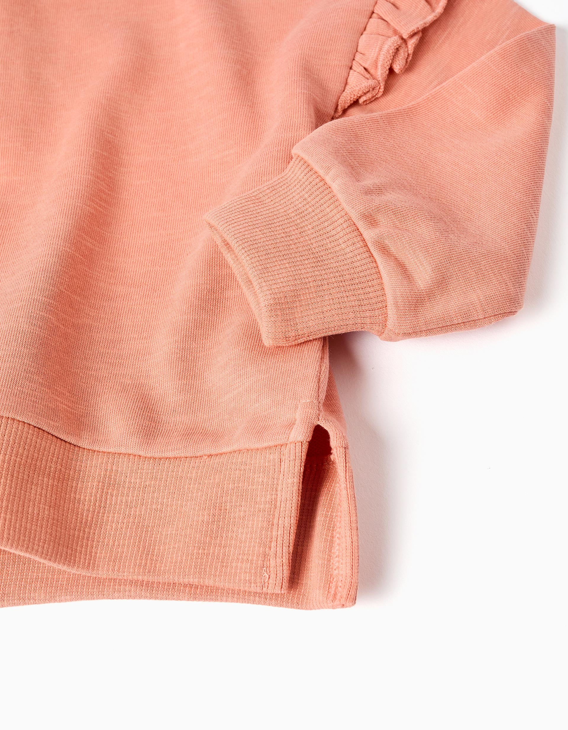 Sweat de algodão com folhos e bordado para bebé menina, laranja-salmão