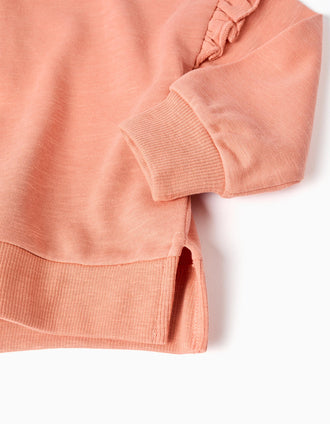 Sweat de algodão com folhos e bordado para bebé menina, laranja-salmão