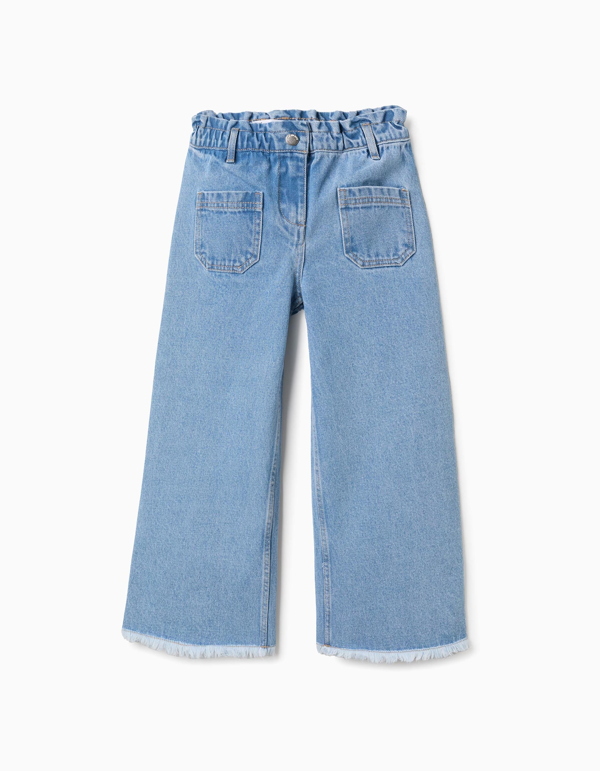 Vaqueros de algodón con dobladillo deshilachado para niña, azul claro