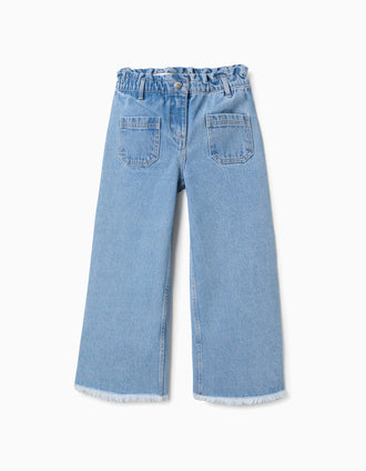 Calças de ganga de algodão com bainhas desfiadas para menina, azul-claro