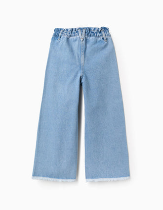 Calças de ganga de algodão com bainhas desfiadas para menina, azul-claro