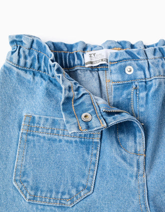 Calças de ganga de algodão com bainhas desfiadas para menina, azul-claro