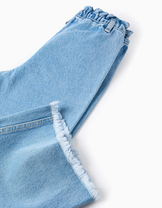 Calças de ganga de algodão com bainhas desfiadas para menina, azul-claro