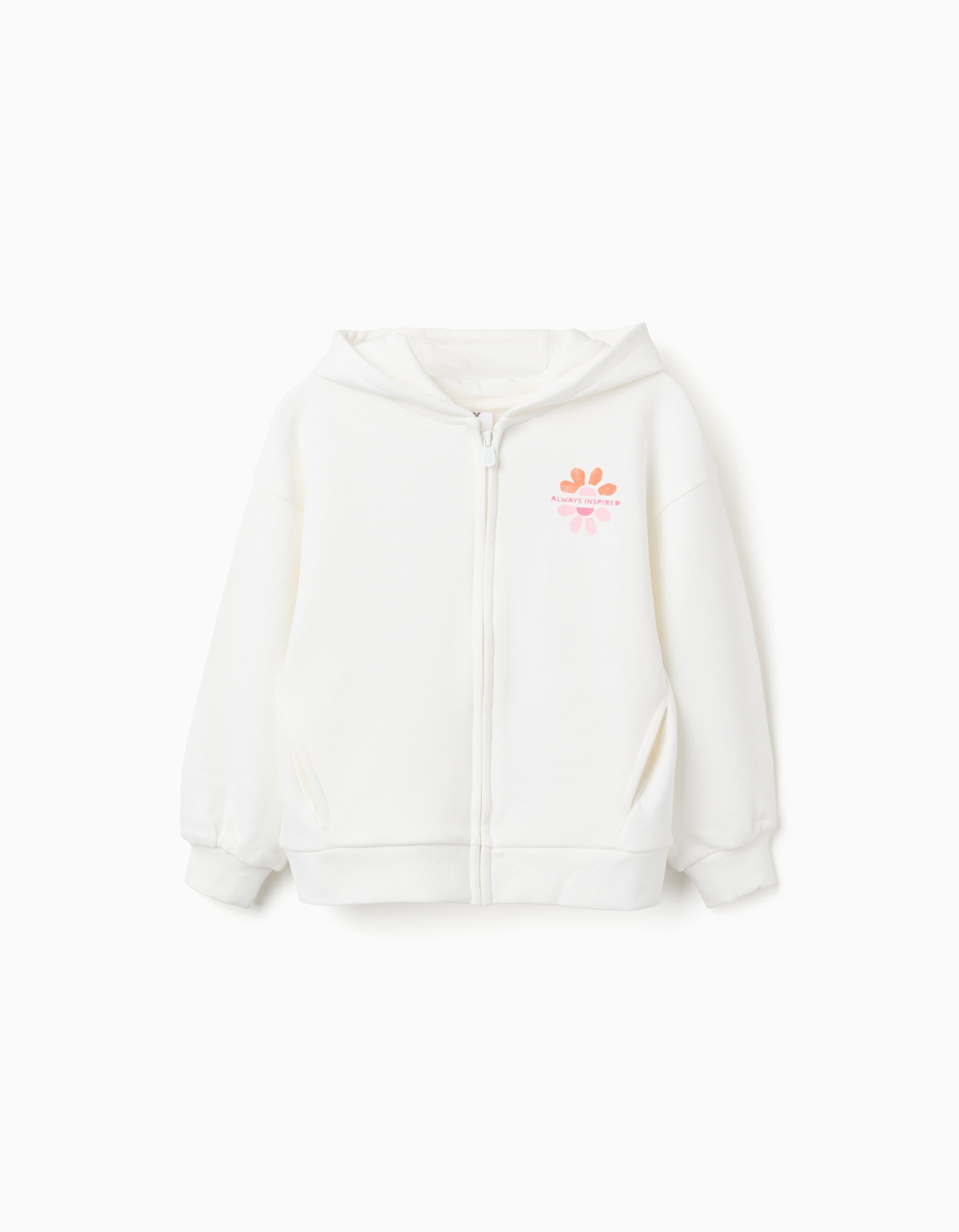 Sweat zippé en coton à capuche et imprimé floral pour fille, blanc