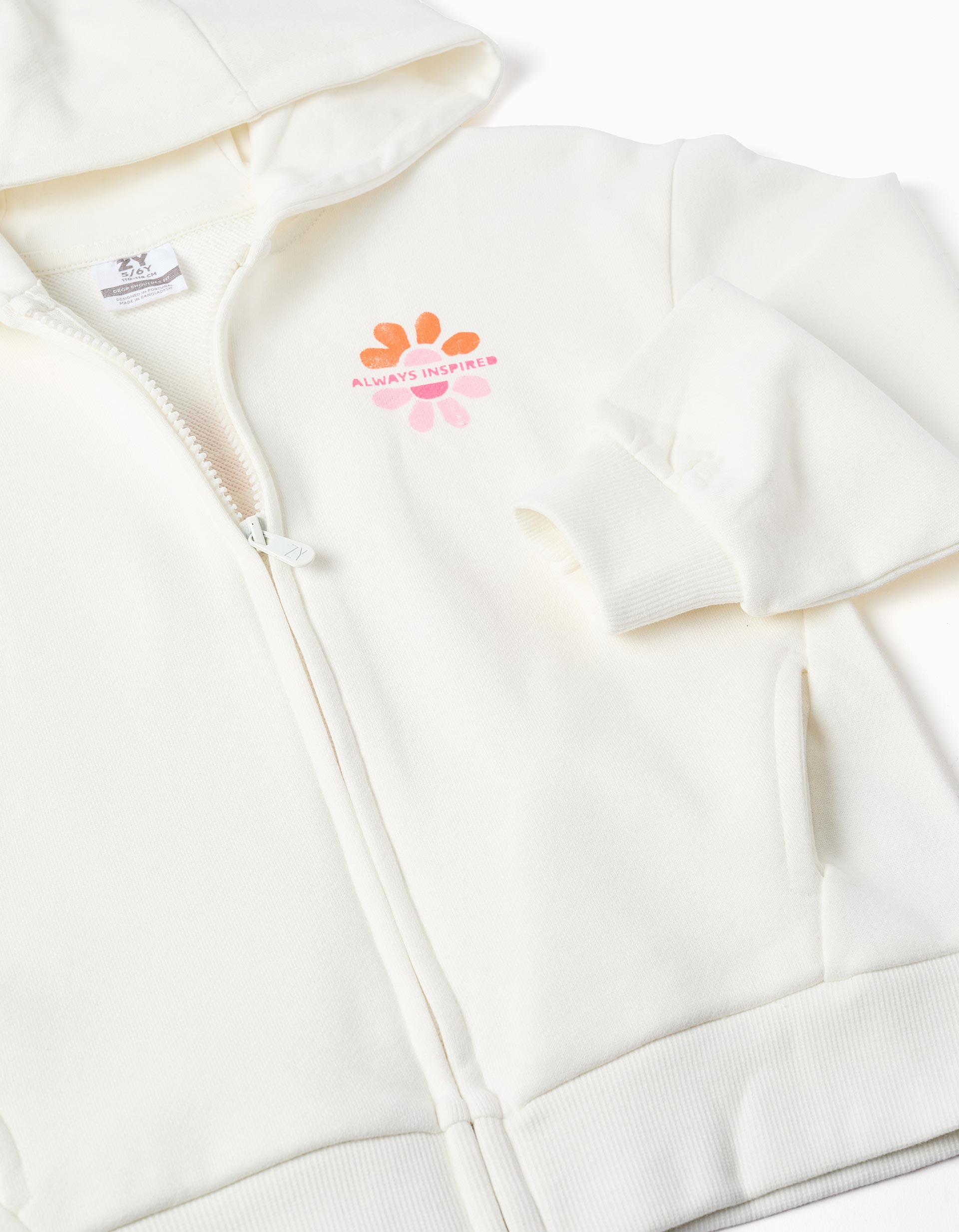 Sweat zippé en coton à capuche et imprimé floral pour fille, blanc