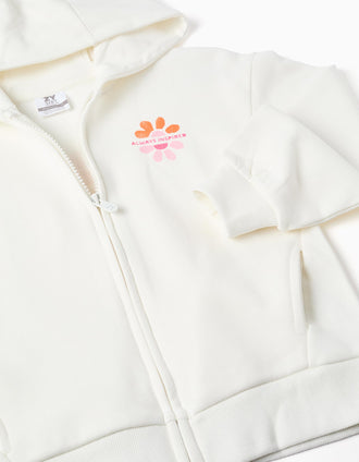 Casaco de algodão com capuz e estampado floral para menina, branco