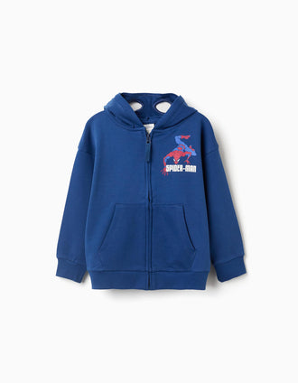 Sweat zippé en coton à capuche et imprimés Spider-Man pour garçon, bleu