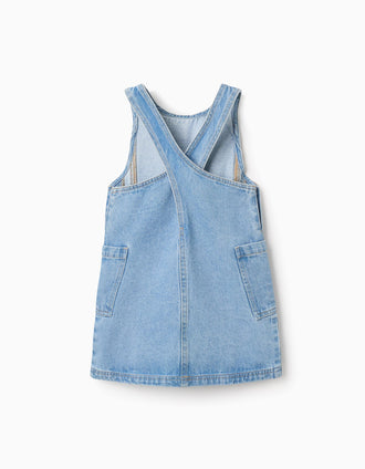 Denim pinafore dress with pockets for girls, light blue