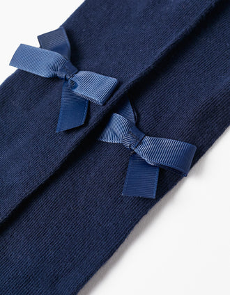 Plain Tights with Bow for Girls, Dark Blue