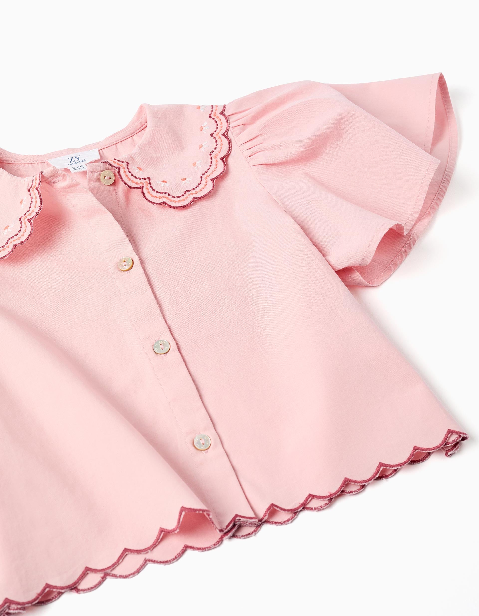 Chemisier en popeline avec col festonné et brodé pour fille, rose