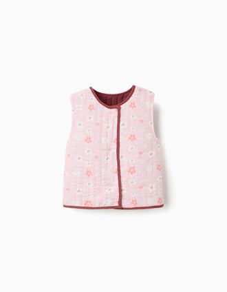 Chaleco acolchado reversible con motivo floral para niña, rosa/marrón
