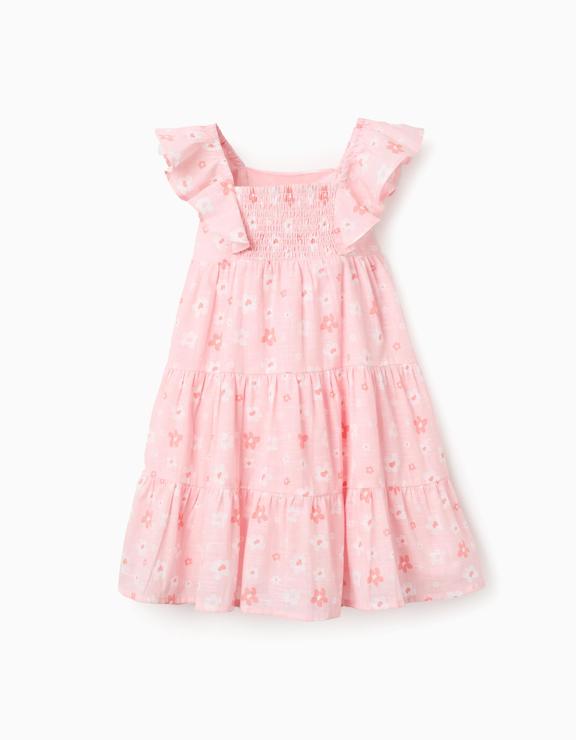 Vestido evasé de algodão com motivo floral e folhos para menina, rosa