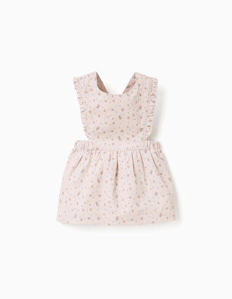 Corduroy pinafore dress with floral motif for newborn girls, beige