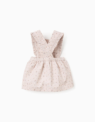 Corduroy pinafore dress with floral motif for newborn girls, beige