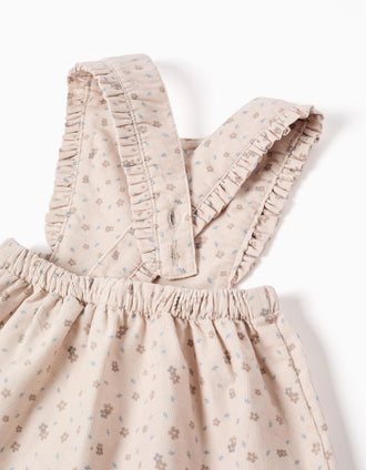 Corduroy pinafore dress with floral motif for newborn girls, beige