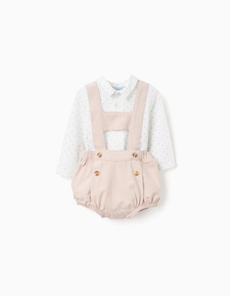 Polo-bodysuit + corduroy shorts for newborn boys, white/beige