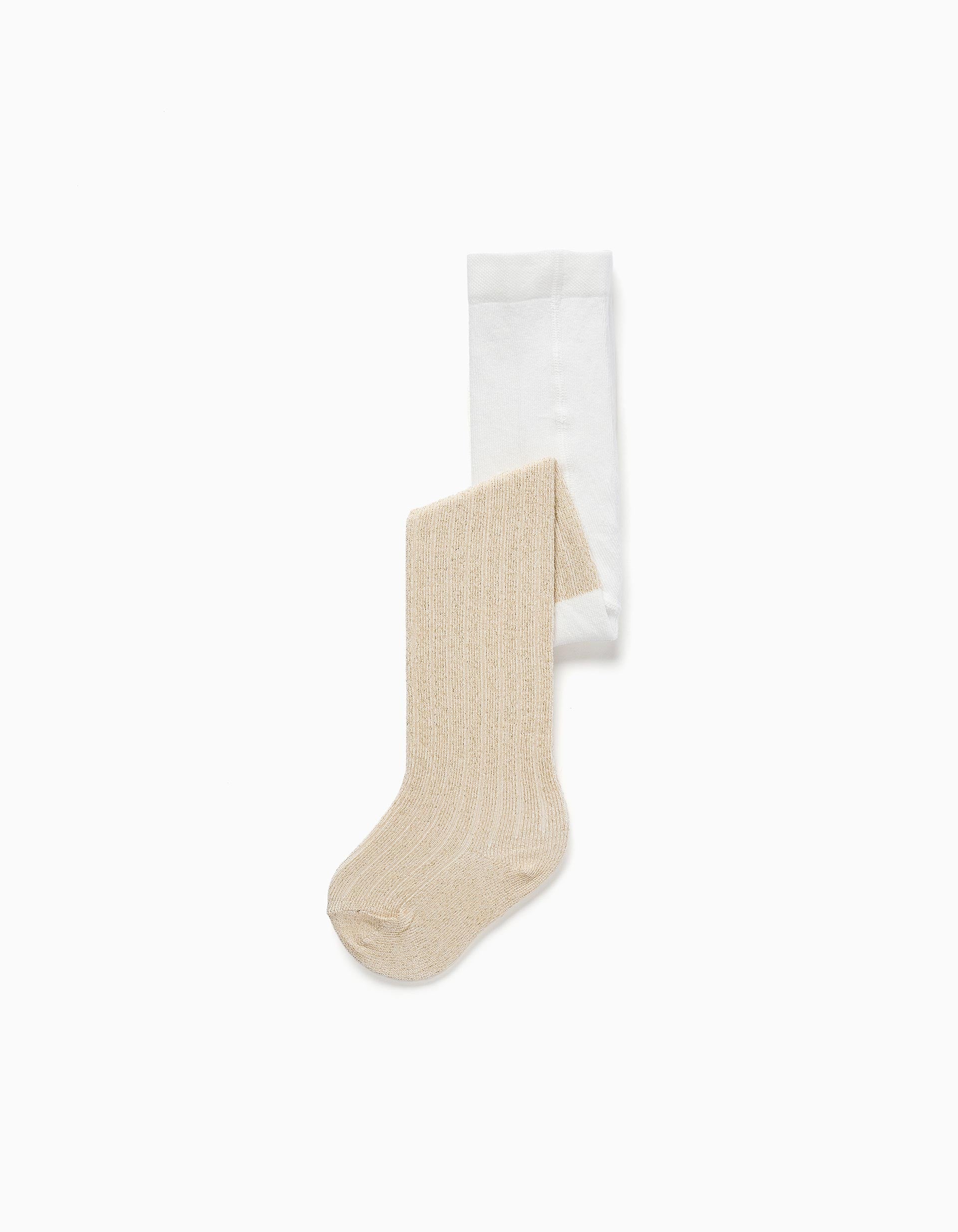 Ribbed tights with lurex threads for baby girls, white/golden