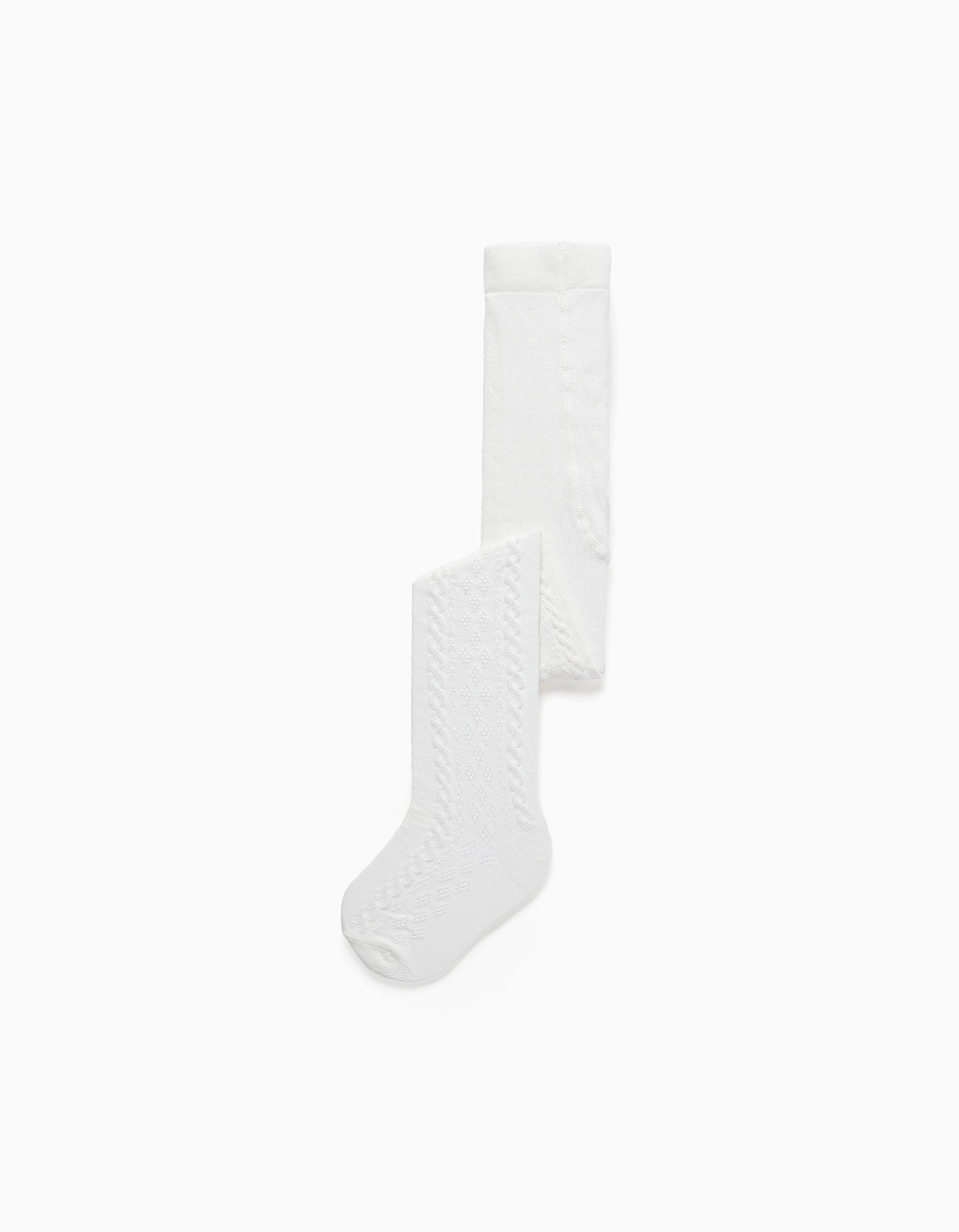 Knitted tights with jacquard for baby girls, white