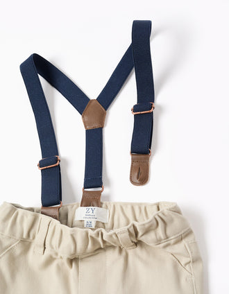 Twill trousers with removable braces for newborn boys, light beige