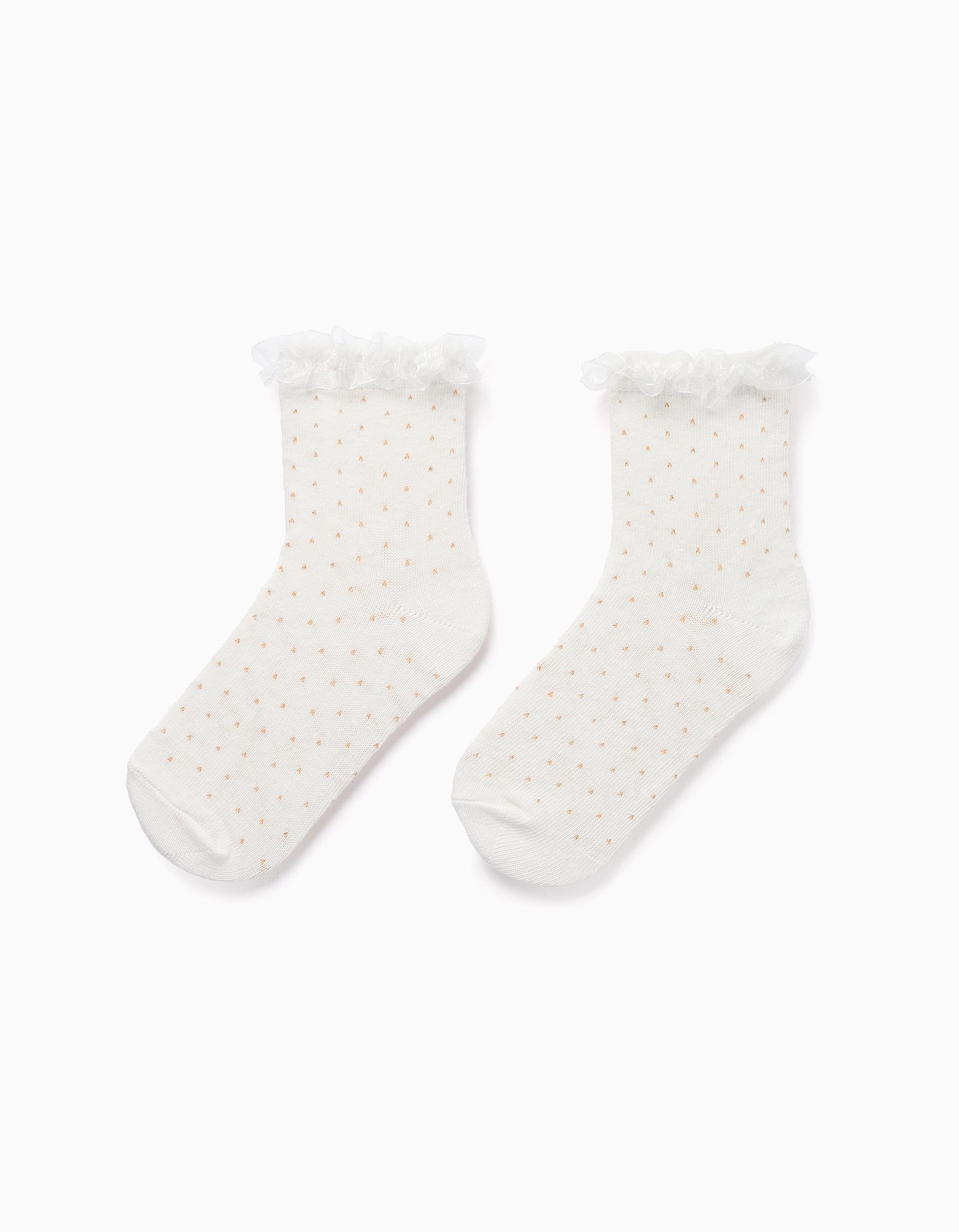 Crew socks with polka dots and ruffles for girls, white